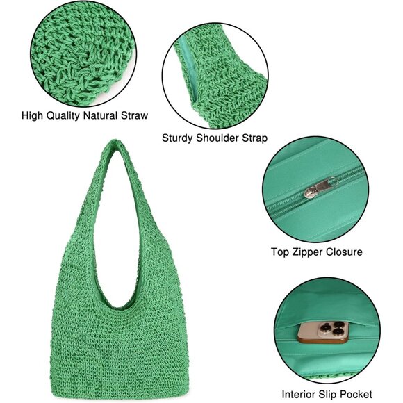 Women's Green Large Straw Beach Bag Handmade Woven Shoulder Hobo Tote Handbag - Picture 2 of 5